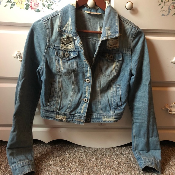 Cropped Distressed Jean Jacket - Picture 1 of 4